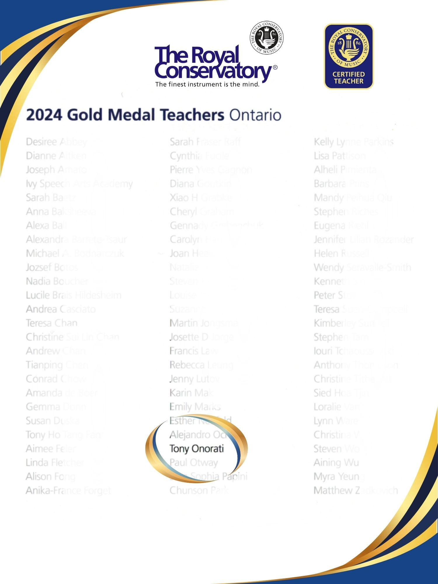 RCM 2024 Gold Medal Teachers Ontario Award